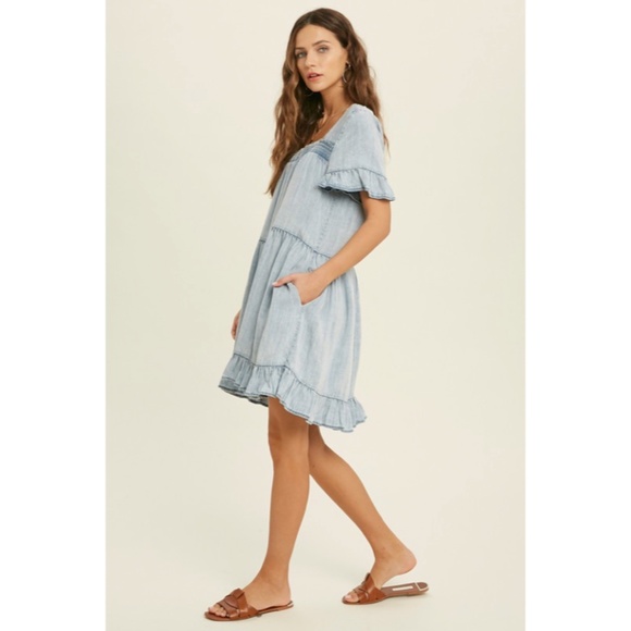 Denim Tencel Square Neck Short Sleeve Ruffle Trim Babydoll Casual Mini Dress - Picture 9 of 11
